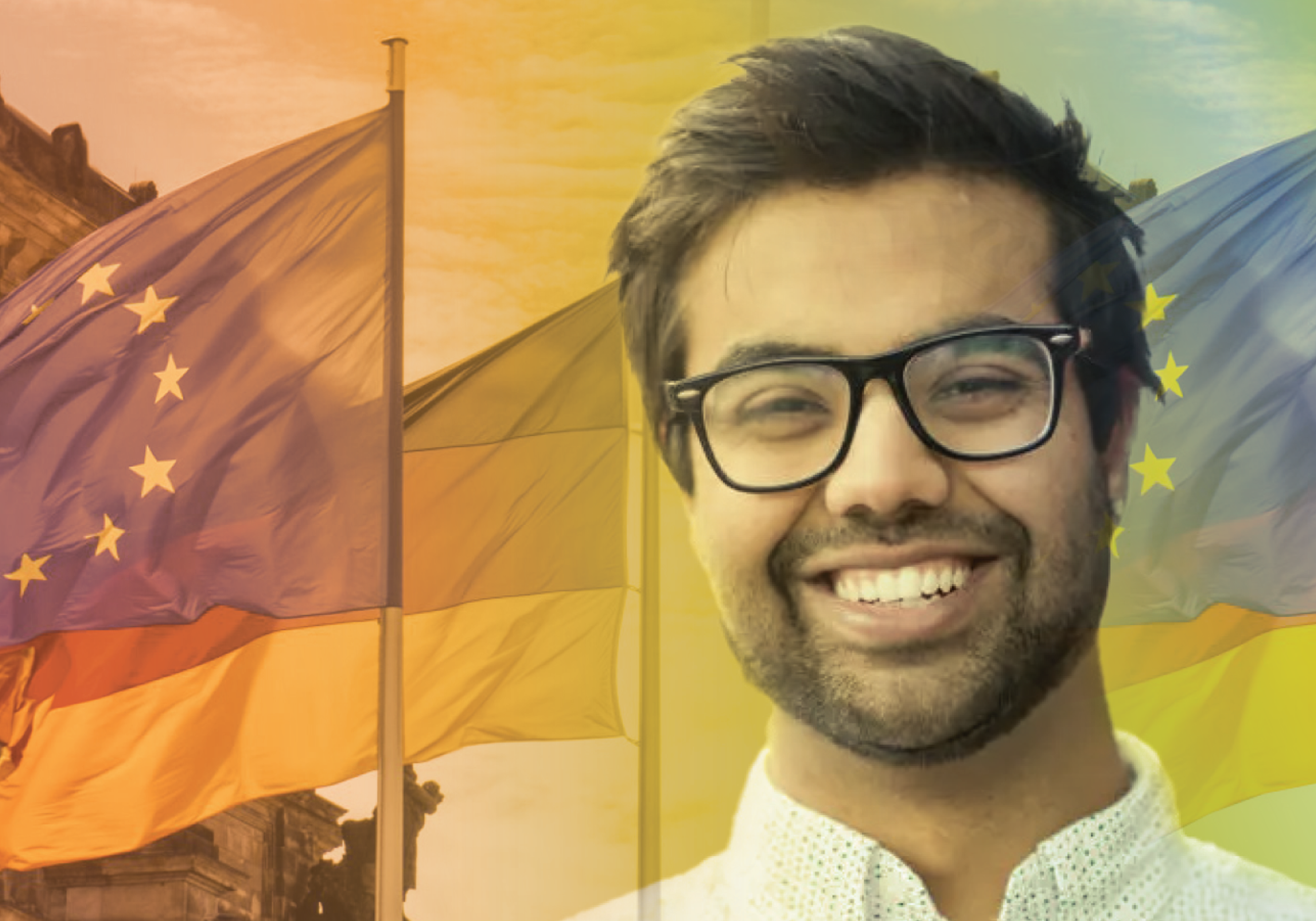 Person lächelt, im Hintergrund deutsche und europäische Flagge