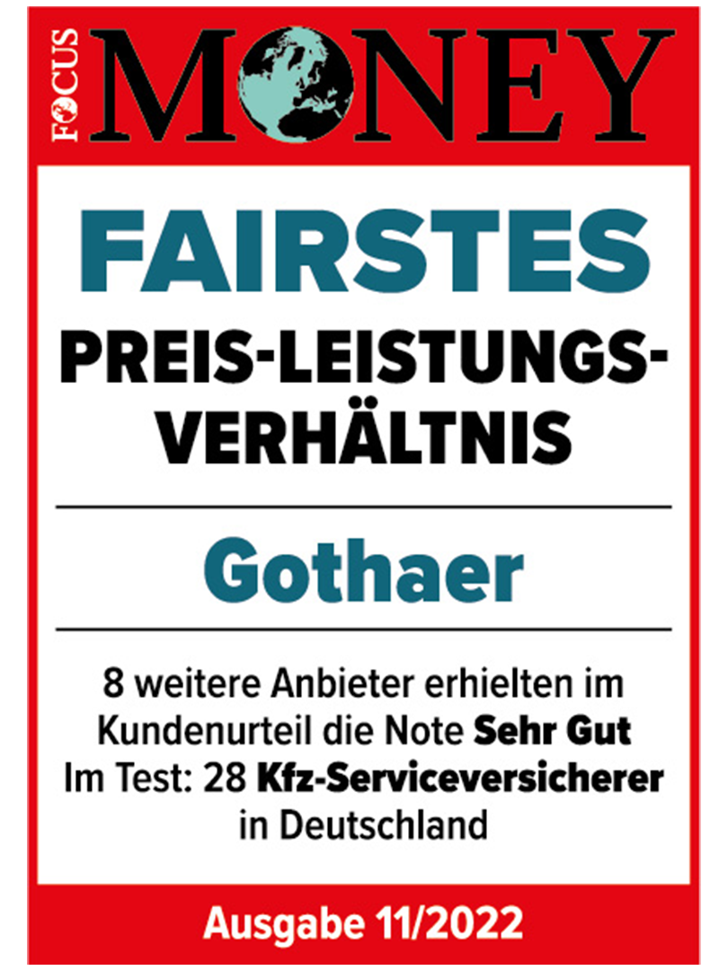 Kundenurtiel SEHR GUT! Die Gothaer KFZ-Versicherung hat laut Focus Money (Ausgabe 11/2020) das fairste Preis-Leistungsverhältnis.