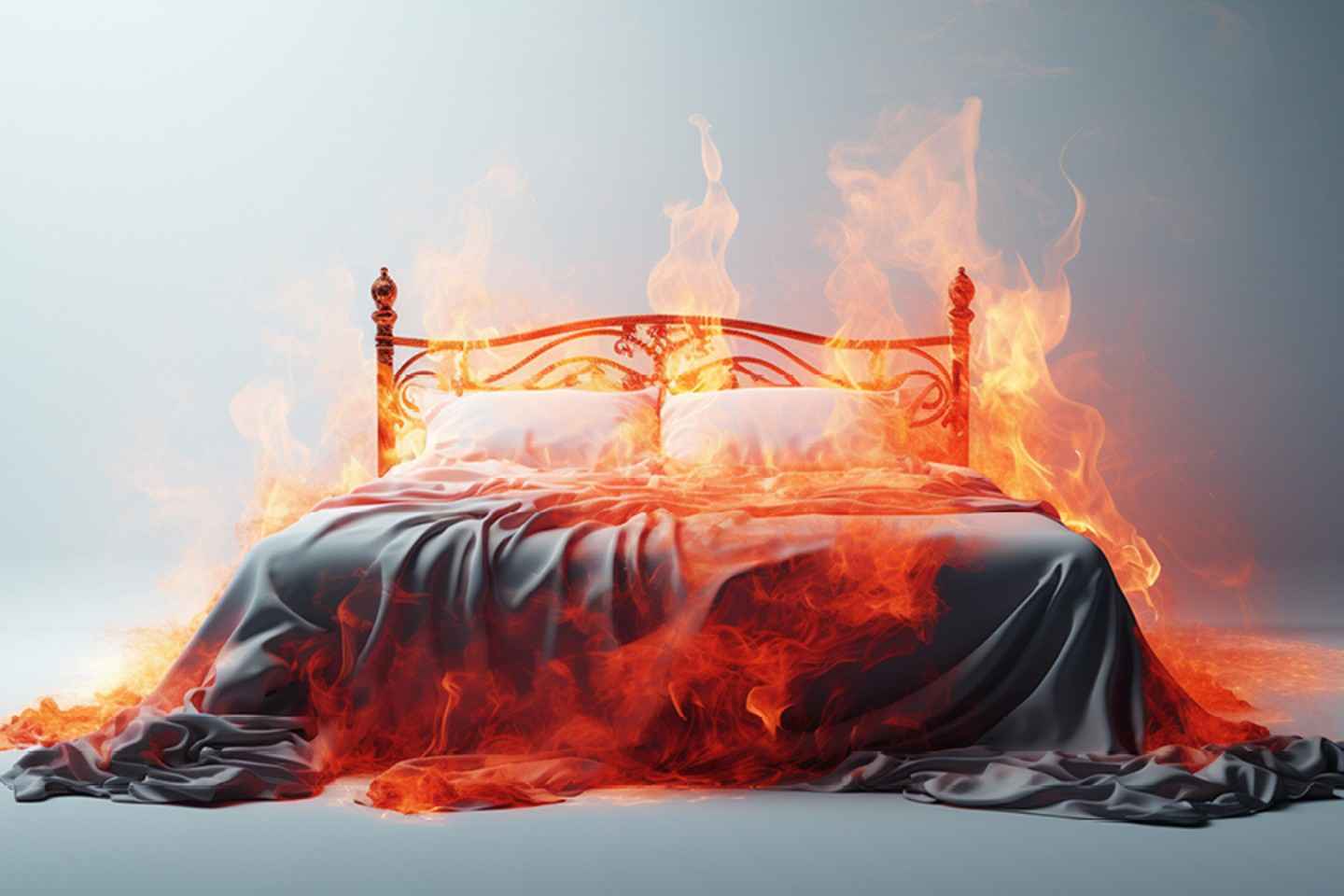 Ein Bett, das in Flammen steht